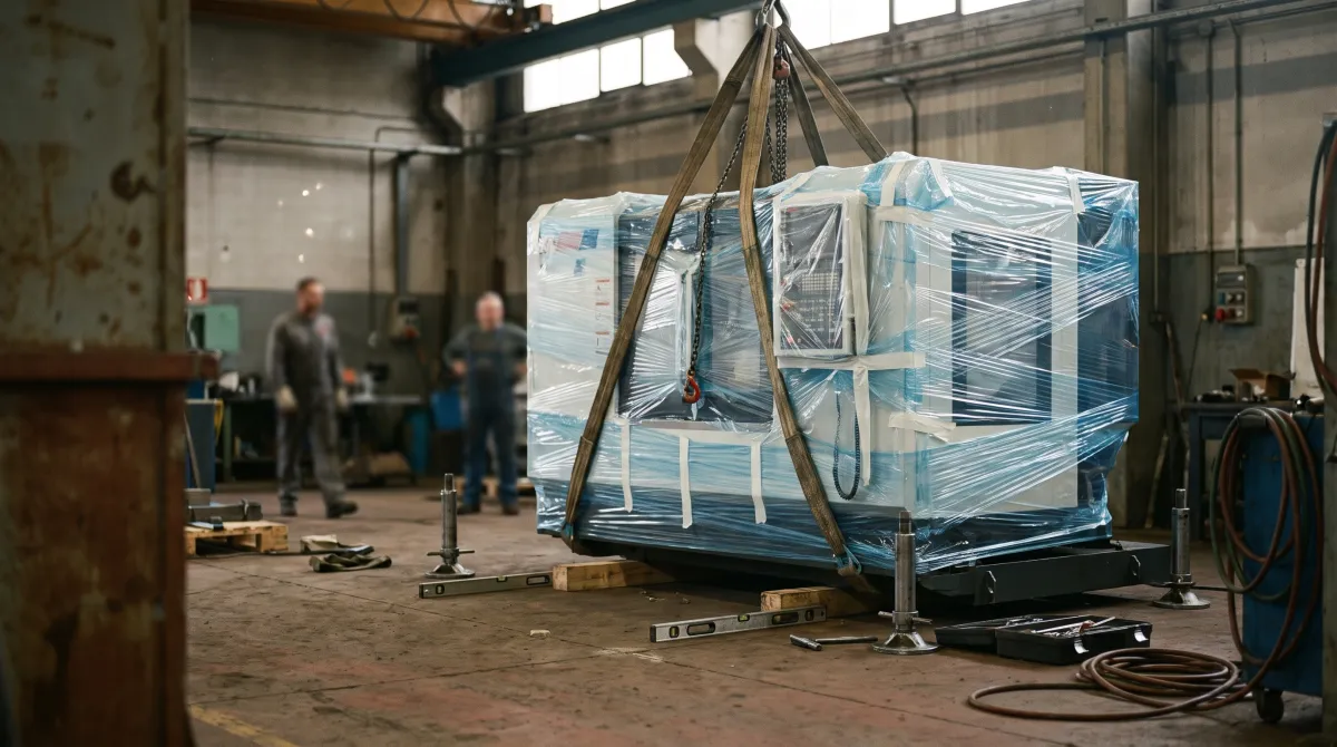 Centro di lavoro CNC nuovo ancora avvolto nel film protettivo durante l'installazione in officina