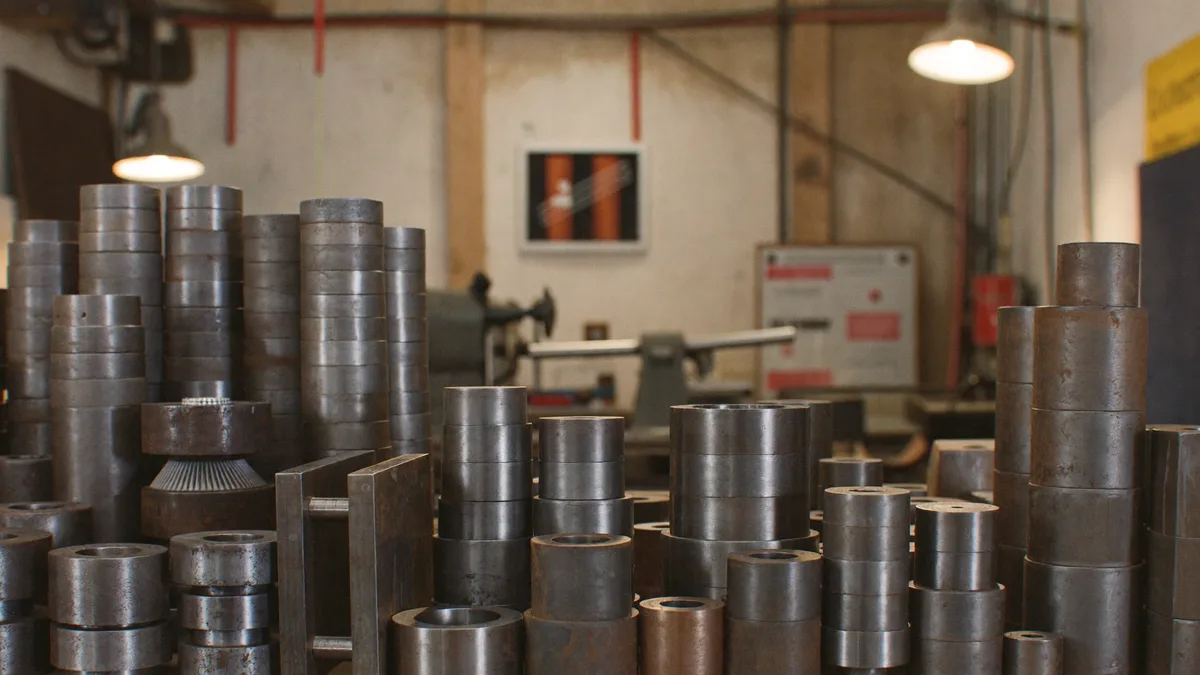 Boccole e componenti torniti accatastati in un'officina di subfornitura