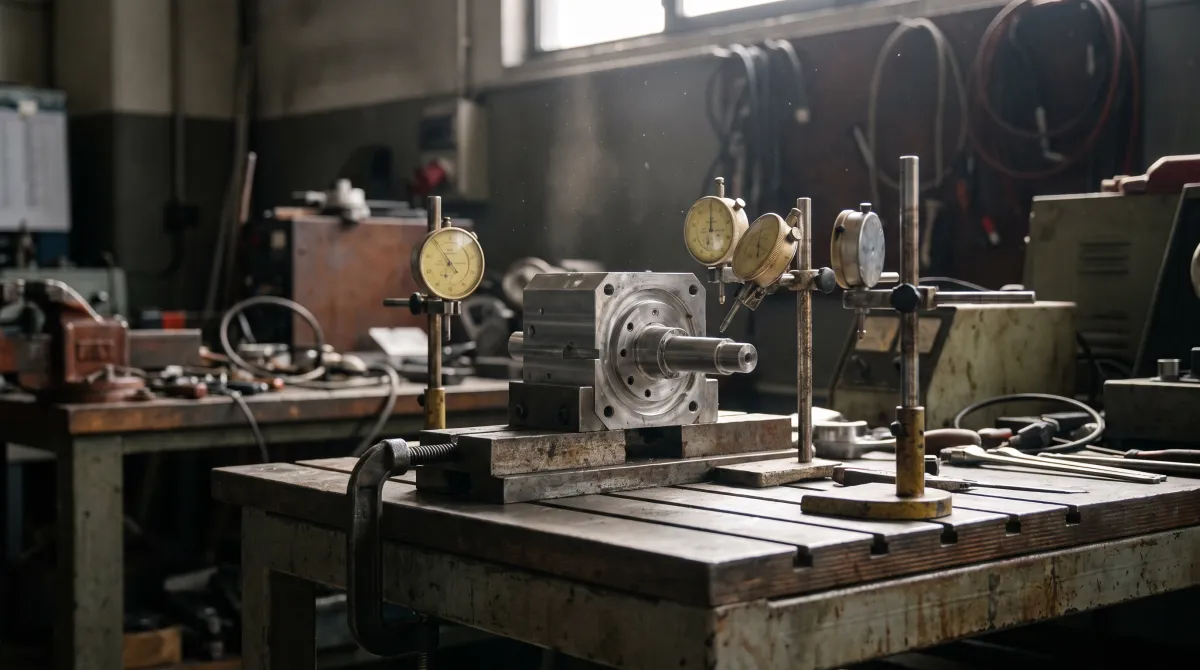 Banco prova di laboratorio R&S industriale con prototipo meccanico e comparatori