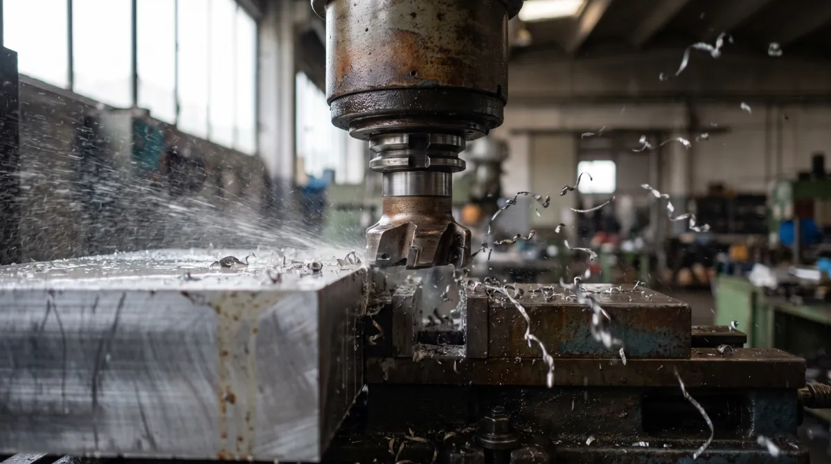 Macro di una fresa che lavora un blocco di alluminio con trucioli e refrigerante