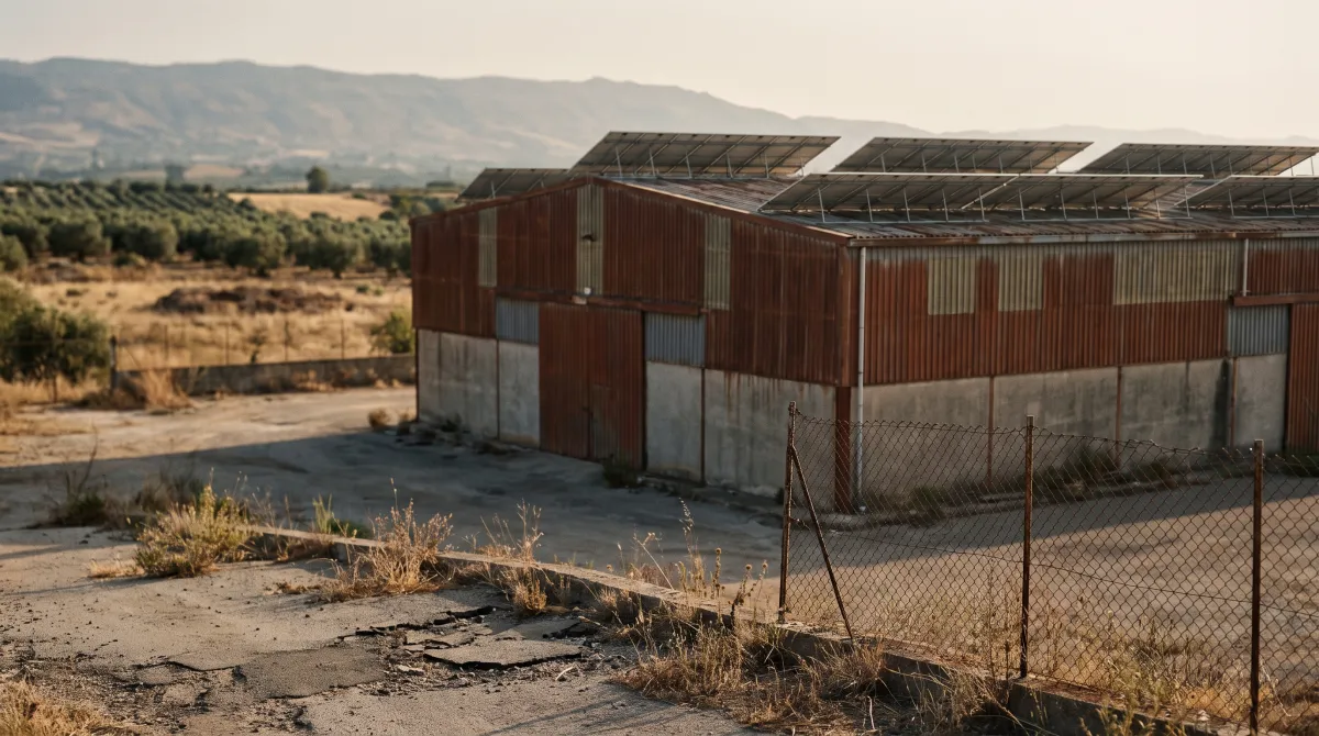 Capannone industriale con pannelli fotovoltaici sul tetto in un paesaggio del Sud Italia
