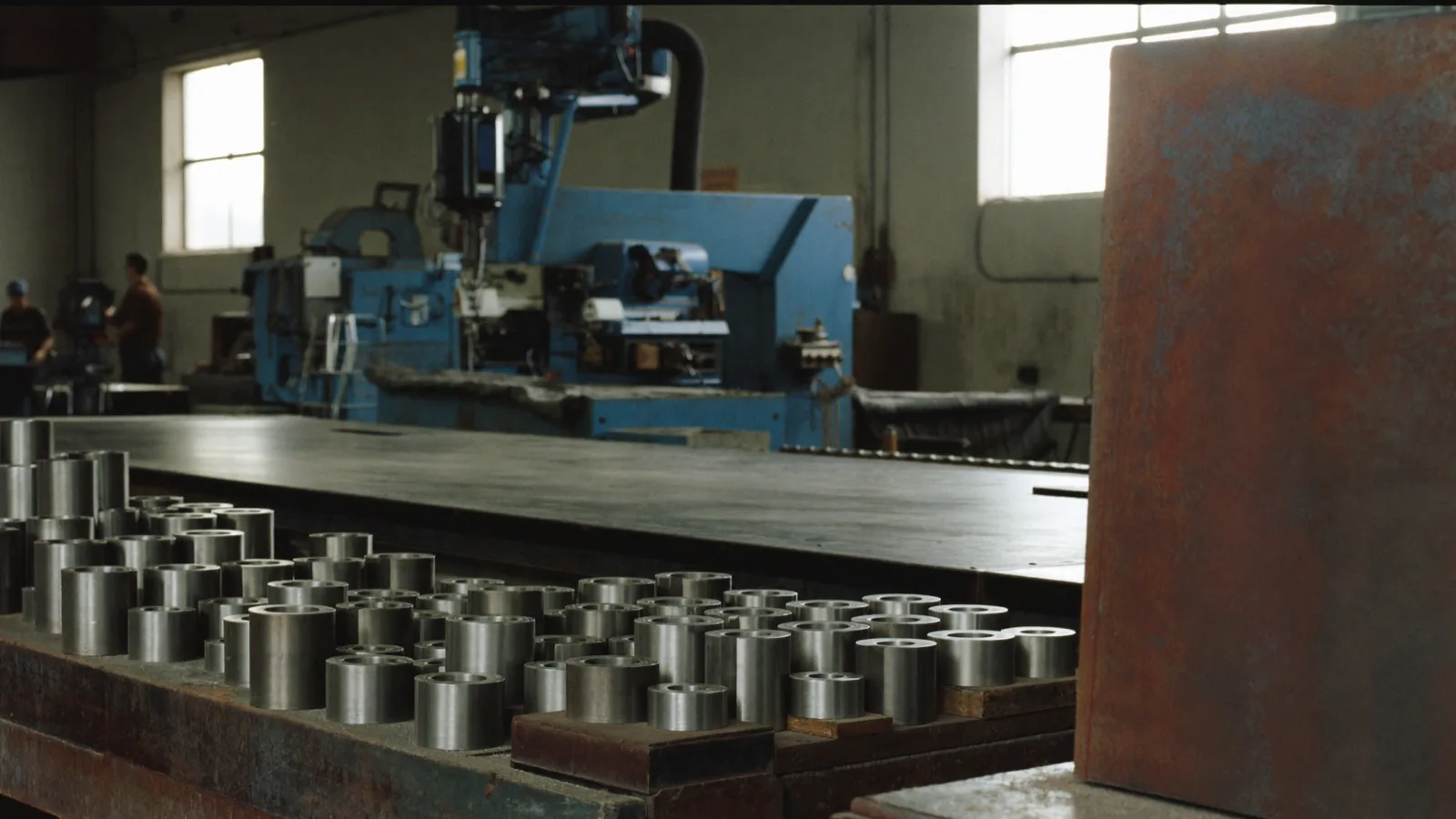 Officina di lavorazione CNC con pezzi in acciaio appena fresati sul banco